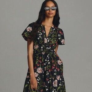 Anthropologie The Somerset Maxi Dress Tiered Smocked Floral Black Motif XS